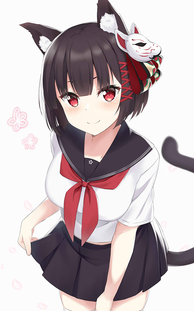 1girl animal_ear_fluff animal_ears azur_lane black_hair black_sailor_collar black_skirt blush breasts cat_ears cat_girl cat_mask cat_tail closed_mouth commentary_request female_focus hair_ribbon kohakope mask mask_on_head medium_breasts neckerchief pleated_skirt red_eyes red_neckerchief red_ribbon ribbon sailor_collar school_uniform serafuku shirt short_hair short_sleeves simple_background skindentation skirt skirt_hold smile solo tail thighhighs white_background white_shirt white_thighhighs yamashiro_(azur_lane) yamashiro_(street_corner_offensive!)_(azur_lane)