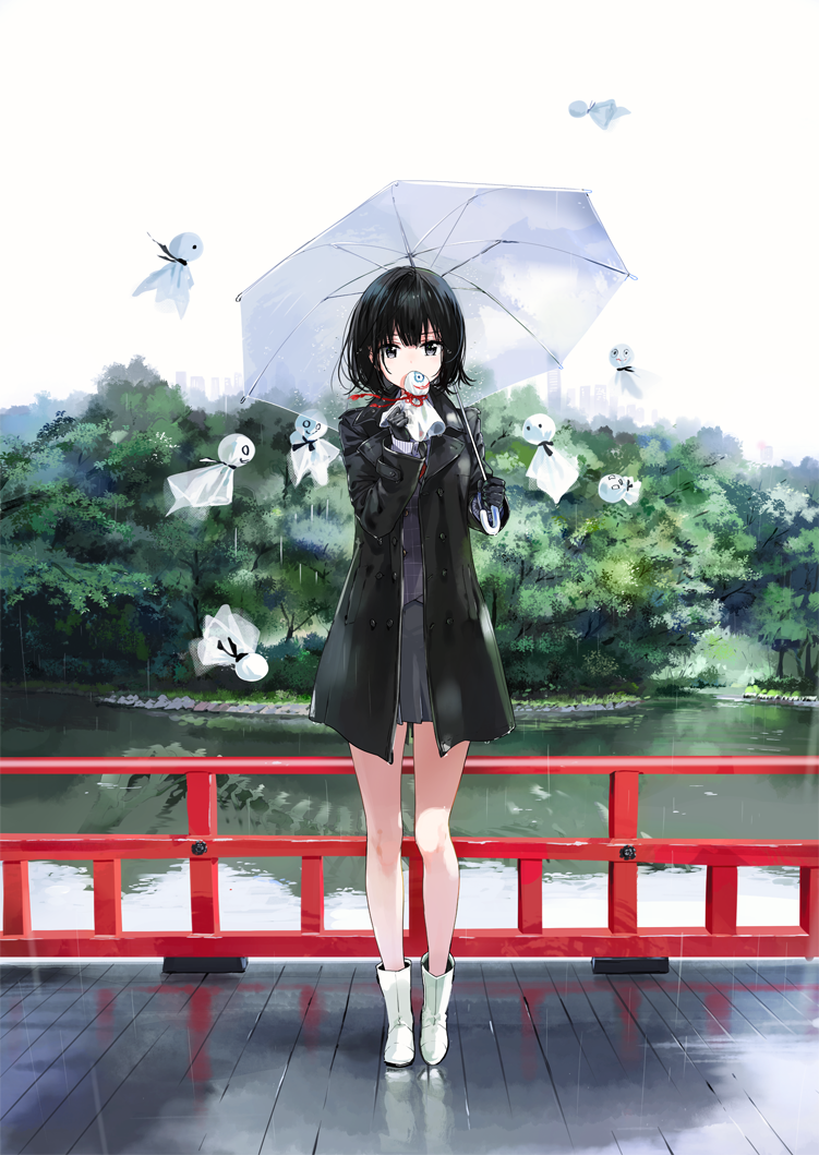 1girl black_coat black_hair boots bridge coat gloves holding holding_umbrella original outdoors rain rubber_boots short_hair standing teruterubouzu tiv transparent transparent_umbrella trench_coat umbrella
