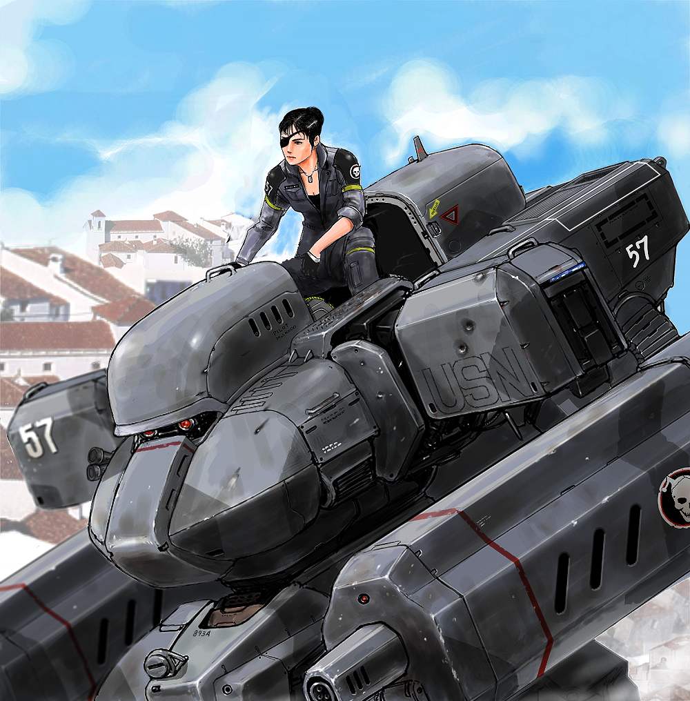 1girl arm_cannon black_hair blue_sky building bullet_hole cannon character_request cloud commentary_request damaged dirty emblem eyepatch front_mission front_mission_4 front_mission_5 gloves gun izo_(bjc000510) light machine_gun machinery mecha military military_uniform muzzle open_cockpit original pilot realistic riding robot roundel skull sky soldier weapon