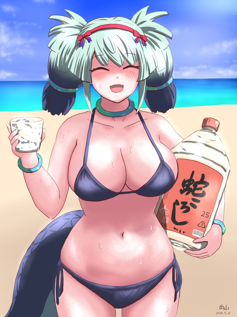 1girl beach bikini black_bikini blush bottle breasts cleavage fangs glass green_hair kemono_friends kemono_friends_3 large_breasts long_hair looking_at_viewer mukouyama_mu multicolored_hair navel ocean open_mouth sake_bottle smile solo sunburn swimsuit tail twintails yamata_no_orochi_(kemono_friends)