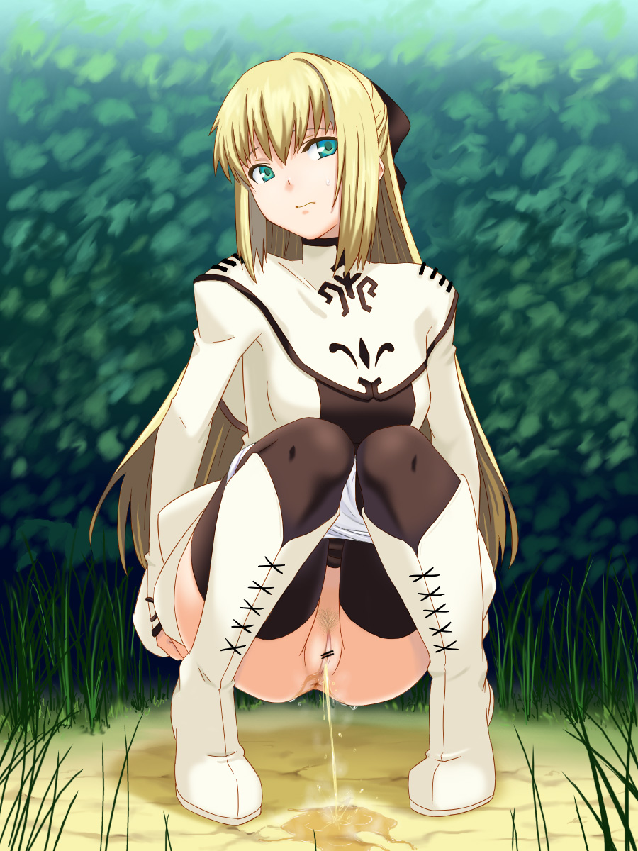 1girl anus aqua_eyes blonde_hair boots bow censored cyrille_(shining_force_exa) female_focus female_pubic_hair grass hair_bow highres hou_(hachiyou) knee_boots long_hair panties panty_pull pee peeing pubic_hair pussy sega shining_(series) shining_force_exa solo squatting sweatdrop underwear