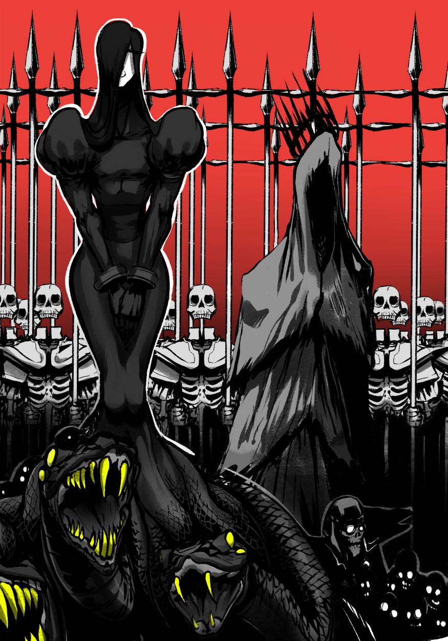 2boys 6+others black_dress black_gloves black_hair closed_eyes corpse crown cuffs curvy death dizzyspells dress eldritch_abomination eldritch_god feminine full_body gate gloves hair_over_one_eye highres holding holding_polearm holding_spear holding_weapon ink_(cibastion) king long_hair male_focus monster monster_boy multiple_boys multiple_others open_mouth original own_hands_clasped polearm puffy_short_sleeves puffy_sleeves short_sleeves skeleton snake snake_head spear very_long_hair weapon wrist_cuffs