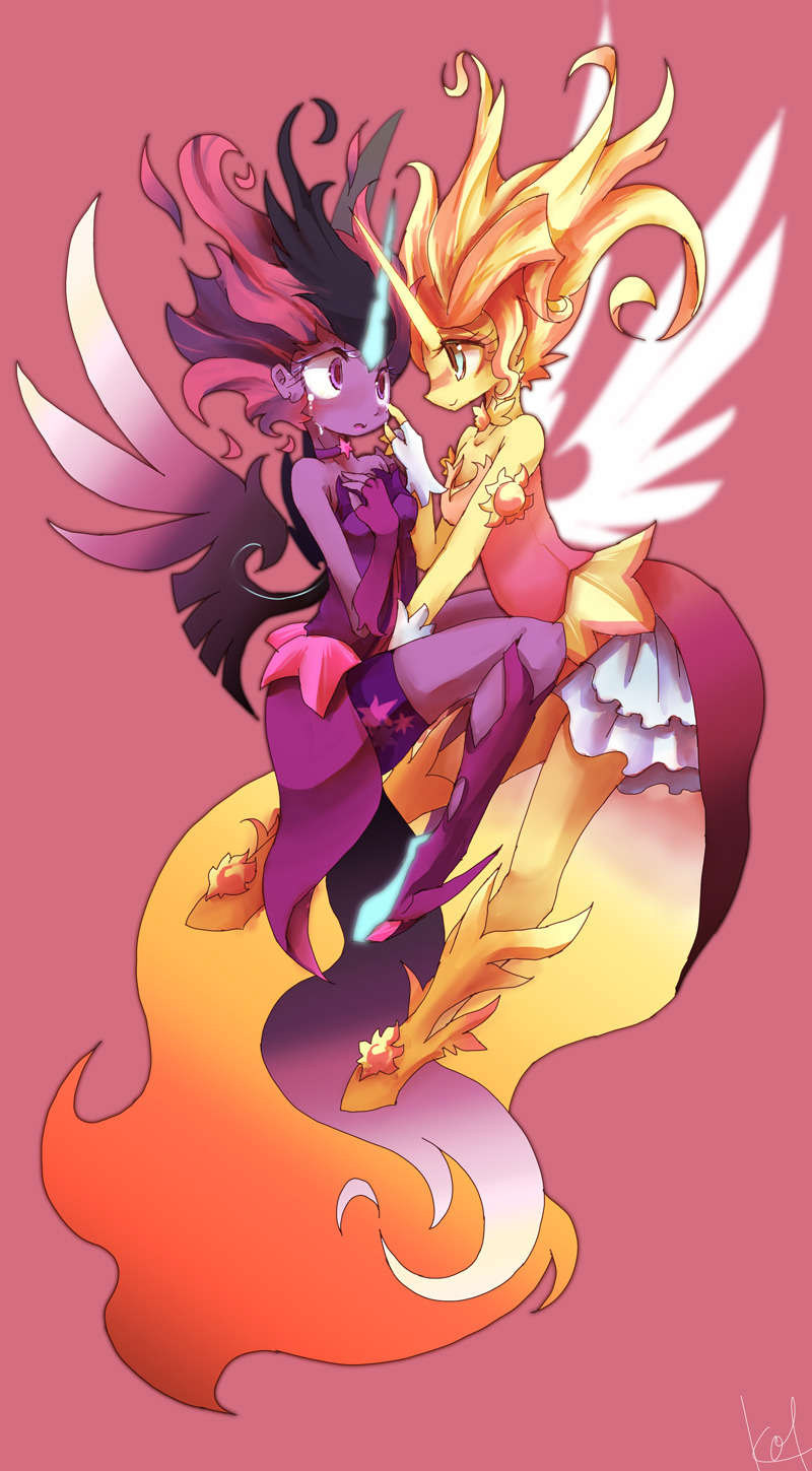 2girls animification aqua_eyes boots colored_skin crying dark_persona daydream_shimmer dress eye_contact full_body highres horns horse_girl horse_tail kolshica looking_at_another magical_girl medium_hair midnight_sparkle multicolored_hair multiple_girls my_little_pony my_little_pony:_equestria_girls my_little_pony:_friendship_is_magic orange_skin pink_dress purple_dress purple_eyes purple_hair purple_skin red_background red_hair sci-twi signature simple_background single_horn smile streaked_hair sunset_shimmer sunset_shimmer_(human) tail tears twilight_sparkle unicorn_girl wings yuri