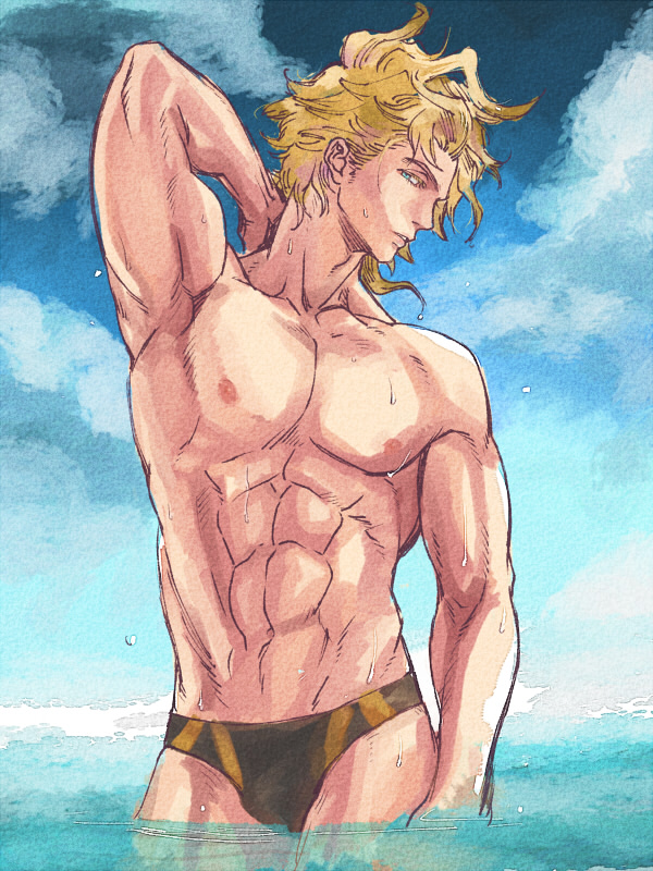 1boy abs arm_behind_head arm_up black_male_underwear blonde_hair blue_eyes cloud commentary cowboy_shot cutiezenra granblue_fantasy groin in_water looking_at_viewer looking_to_the_side male_focus male_swimwear male_underwear muscular muscular_male parted_lips pectorals seofon_(eternal&#039;s_summer_vacation)_(granblue_fantasy) seofon_(granblue_fantasy) sideways_glance sky solo striped_male_swimwear summer swim_briefs topless_male underwear water wavy_hair wet wet_hair