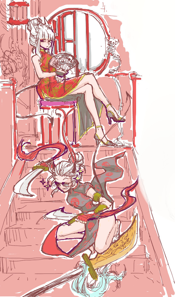 2girls canthor china_dress chinese_clothes dao_(weapon) demon_girl demon_horns demon_tail dress folding_fan glasses hand_fan helltaker high_heels horns justice_(helltaker) kwan_dao_(weapon) lantern lucifer_(helltaker) multiple_girls stairs tail weapons white_hair