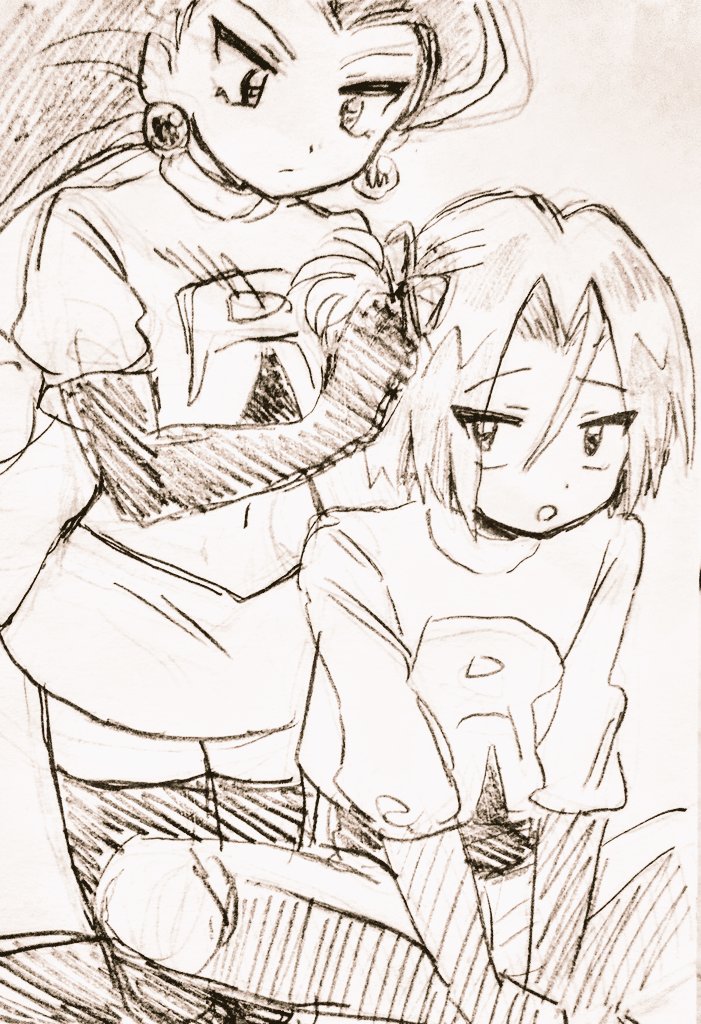 1boy 1girl ameya_(okemu_ame) boots gloves graphite_(medium) james_(pokemon) jessie_(pokemon) lineart looking_at_another nintendo pokemon pokemon_(anime) pokemon_(classic_anime) roland_(ms_pigtails) sitting sketch team_rocket team_rocket_uniform traditional_media white_background