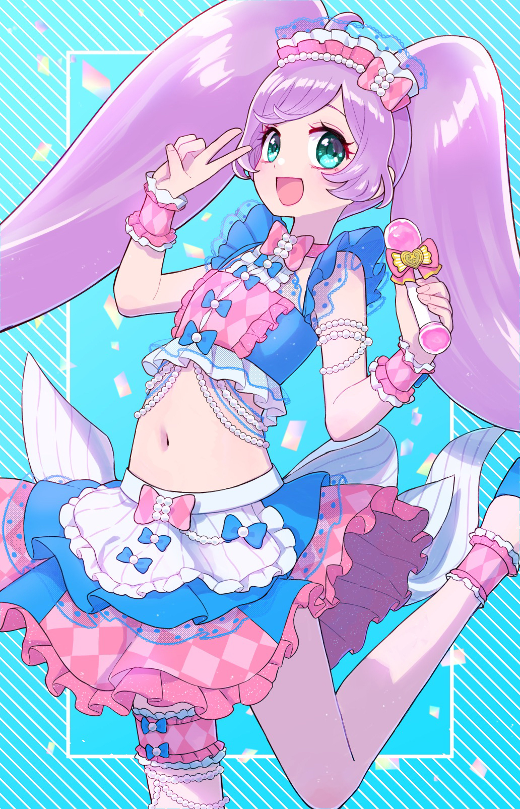 1girl :d ahoge apron blue_background blue_skirt commentary_request cowboy_shot crop_top frilled_apron frilled_cuffs frilled_skirt frills green_eyes hands_up highres jinno_(jin_c_kkry) kiratto_pri_chan long_hair looking_at_viewer maid maid_headdress manaka_laala navel open_mouth pretty_series pripara purple_hair skirt smile solo standing standing_on_one_leg summer_maid_coord thigh_strap twintails unconventional_maid v very_long_hair waist_apron white_apron wrist_cuffs