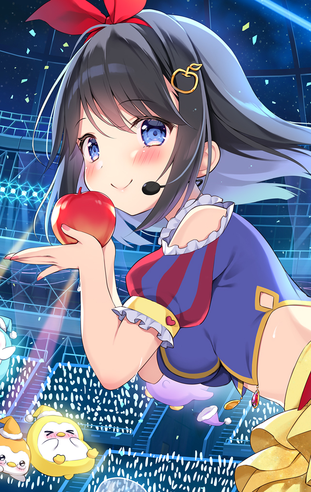 &gt;_&lt; 1girl apple apple_hair_ornament black_hair blue_eyes blue_hair blue_shirt blush breasts closed_eyes closed_mouth clothing_cutout commentary_request cosplay crop_top food food-themed_hair_ornament frilled_sleeves frills fruit glowstick hair_ornament hair_ribbon hairband headset holding holding_food layered_skirt long_hair looking_to_the_side medium_breasts midriff multicolored_hair nail_polish nose_blush original pan_(mimi) pink_nails puffy_short_sleeves puffy_sleeves red_hairband red_ribbon ribbon shirayuki_yuuri shirt short_sleeves shoulder_cutout skirt smile snow_white_(disney) snow_white_(disney)_(cosplay) snow_white_and_the_seven_dwarfs two-tone_hair yellow_skirt