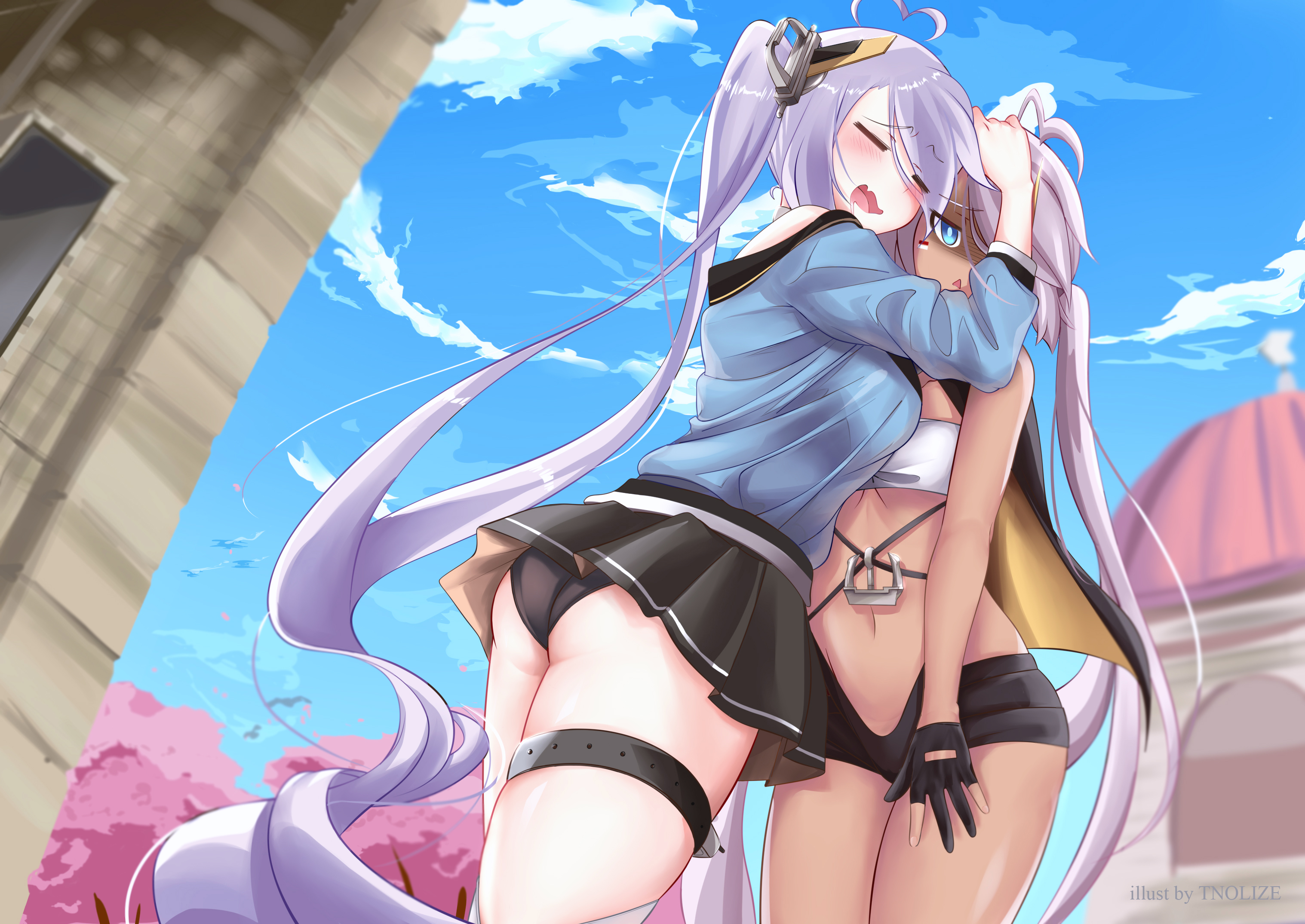 ahoge azur_lane bandeau belt black_belt black_gloves black_panties black_sailor_collar black_shorts black_skirt blue_eyes blue_shirt blush breasts building cherry_blossoms closed_eyes cloud commentary dark-skinned_female dark_skin day english_commentary facepaint fang feet_out_of_frame gloom_(expression) gloves hand_on_another's_head heart heart_ahoge highres hug indianapolis_(azur_lane) large_breasts long_hair medium_breasts miniskirt navel open_mouth outdoors panties partially_fingerless_gloves pink_hair pleated_skirt portland_(azur_lane) purple_hair sailor_collar shirt short_shorts shorts siblings side_ponytail siscon sisters skin_fang skirt smile thigh_belt thigh_strap tnolize triangle_mouth twintails underboob underwear very_long_hair white_bandeau