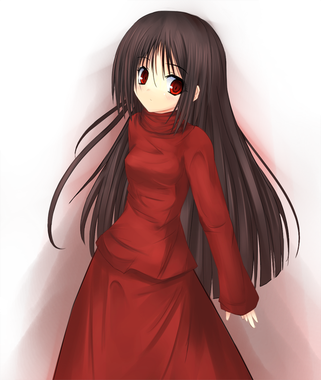 1girl alma_(f.e.a.r.) alma_wade black_hair brown_hair dress f.e.a.r. female_focus long_hair long_sleeves looking_at_viewer niboss red_dress red_eyes sleeves_past_wrists solo