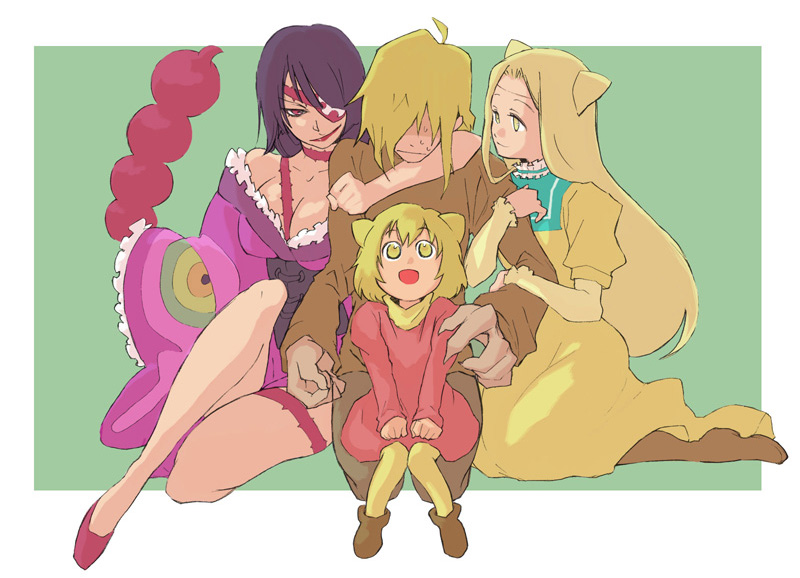 00s 3girls adiane animal_ears blonde_hair breasts corset dress eyepatch japanese_clothes kimono kiritachi_noboru long_hair memusu multiple_girls oversized_limbs purple_hair scorpion_tail short_hair sweat tail tattoo tengen_toppa_gurren_lagann tsuuma viral_(ttgl)