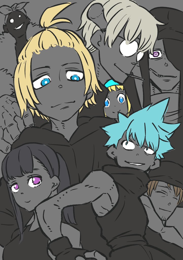 2girls arthur_boyle black_hair black_star blonde_hair blue_eyes blue_hair brown_hair cigarette closed_eyes en&#039;en_no_shouboutai franken_stein_(soul_eater) glasses grey_background iris_(enen_no_shouboutai) joker_(en&#039;en_no_shouboutai) looking_at_another maki_oze multiple_boys multiple_girls official_art ohkubo_atsushi ponytail purple_eyes smile soul_eater spiked_hair white_hair