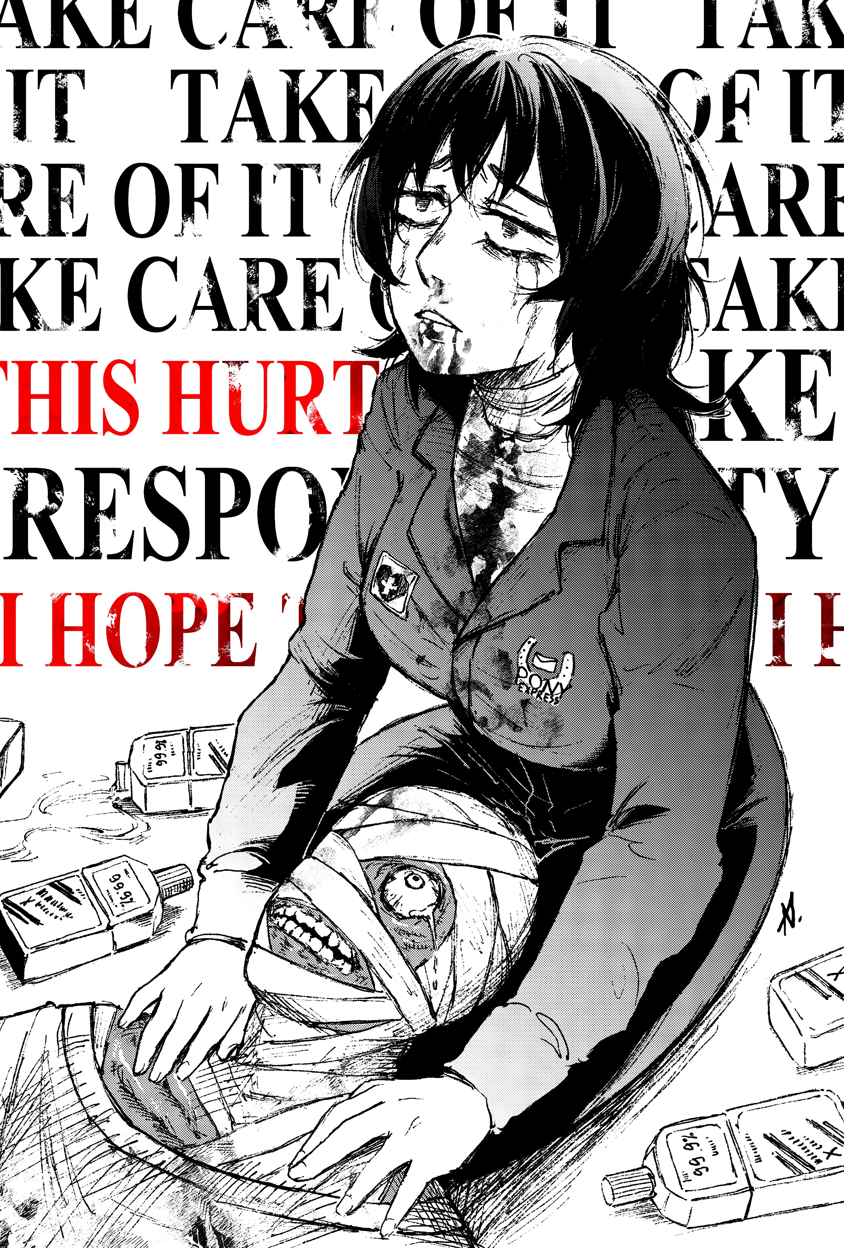 1boy 1girl absurdres al_chemist anya_(mouthwashing) bandages blood blood_on_clothes blood_on_face commentary curly_(mouthwashing) curly_(post-crash)_(mouthwashing) english_text greyscale hashtag-only_commentary highres jumpsuit lap_pillow long_hair long_sleeves monochrome mouthwash mouthwashing no_skin sitting spot_color