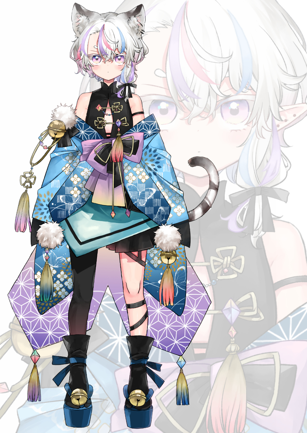 1girl animal_ear_fluff animal_ears bell black_pantyhose black_shirt black_skirt blue_eyes blue_sandals blush closed_mouth colored_eyelashes copyright_request grey_hair hair_between_eyes highres jingle_bell mito_(go!go!king!) multicolored_hair pantyhose pink_eyes pink_hair pleated_skirt pointy_ears purple_hair sandals shirt short_eyebrows simple_background single_leg_pantyhose skirt sleeveless sleeveless_shirt solo standing streaked_hair tail thick_eyebrows virtual_youtuber white_background zoom_layer zouri
