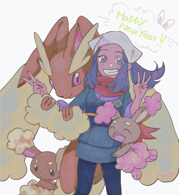 1girl akari_(pokemon) alternate_color artist_name black_sclera blue_eyes blue_hair blue_kimono buneary closed_eyes closed_mouth colored_sclera commentary_request english_text evolutionary_line galaxy_expedition_team_survey_corps_uniform gen_4_pokemon happy_new_year headscarf japanese_clothes kimono long_hair lopunny new_year nintendo obi pink_eyes pokemon pokemon_(creature) pokemon_legends:_arceus ponytail rabbit red_scarf sash scarf shiny_and_normal shiny_pokemon sidelocks signature simple_background smile standing taka_(pixiv_30779600) teeth v w white_background white_headscarf