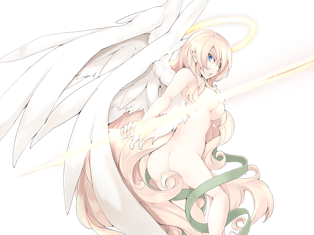 1girl angel angel_wings ass blonde_hair blue_eyes breasts closed_mouth feathered_wings frfr full-body_tattoo game_cg green_ribbon hair_between_eyes halo holding holding_weapon large_breasts light_frown long_hair micaela_(mon-musu_quest!) mon-musu_quest! mon-musu_quest:_paradox naked_ribbon navel nude pointy_ears ribbon tattoo very_long_hair weapon white_wings wings yellow_halo
