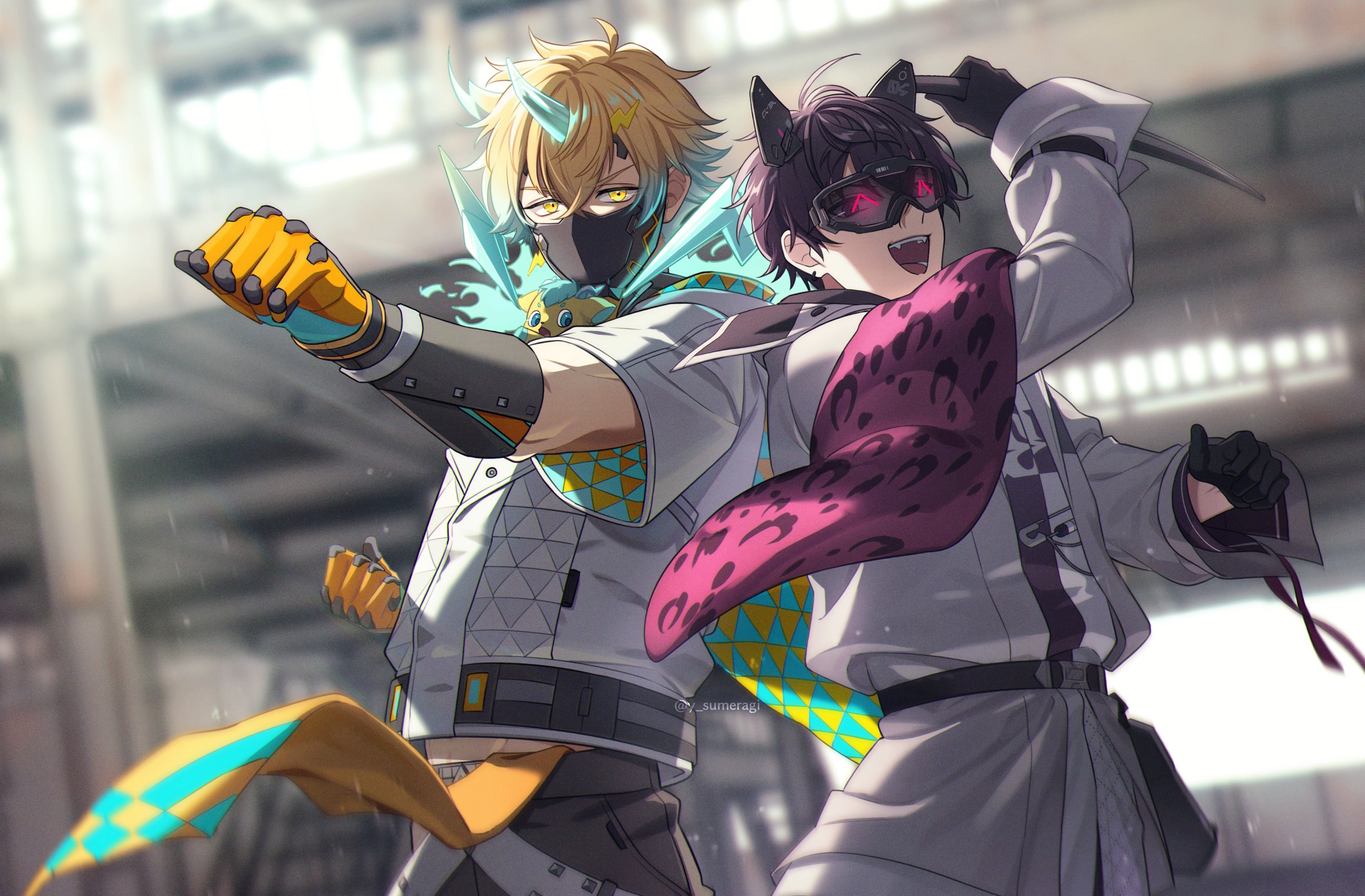 2boys :d animal_ears antenna_hair aqua_hair aqua_horns arm_up artist_name belt belt_pouch black_belt black_gloves black_hair black_mask blurry blurry_background building clenched_hands crossed_bangs earrings fake_animal_ears fangs gauntlets gloves goggles gradient_hair grey_jacket grey_pants hair_between_eyes hair_ornament hashtag-only_commentary highres holding holding_knife hood hood_down hooded_jacket horns jacket jewelry knife light_particles lightning_bolt lightning_bolt_earrings lightning_bolt_hair_ornament lightning_bolt_symbol long_sleeves looking_at_viewer male_focus mask merasugi mouth_mask multicolored_hair multicolored_shirt multiple_boys nijisanji open_clothes open_jacket open_mouth orange_eyes orange_hair outdoors outstretched_arm pants pouch print_shirt purple_shirt safety_pin saiki_ittetsu saiki_ittetsu_(1st_costume) shirt short_hair short_sleeves single_earring single_horn smile teeth twitter_username usami_rito usami_rito_(1st_costume) v-shaped_eyebrows virtual_youtuber white_jacket white_shirt