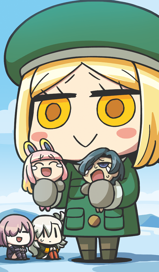 5girls :&gt; animal_ears armor assassin_(learning_with_manga!_fgo) beret black_armor black_boots black_hair black_jacket black_leotard black_sleeves blonde_hair blue_background blue_eyes blue_sky blunt_bangs blush_stickers boots brown_boots brown_pants buttons chibi chibi_only closed_eyes closed_mouth cloud coat commentary crying crying_with_eyes_open detached_sleeves fate/grand_order fate_(series) giant giantess green_coat green_hat grey_mittens hair_over_one_eye hat holding jacket knees_up learning_with_manga!_fgo leotard long_hair long_sleeves mash_kyrielight mash_kyrielight_(demi-servant) medium_hair mittens mountainous_horizon multicolored_hair multiple_girls official_art olga_marie_animusphere one_eye_covered open_mouth orange_pantyhose outdoors pants pantyhose parted_bangs paul_bunyan_(fate) pink_hair pocket rabbit_ears rabbit_girl rider_(learning_with_manga!_fgo) riyo_(lyomsnpmp) short_hair sitting size_difference sky small_sweatdrop smile standing tears third-party_source two-tone_hair white_hair yellow_eyes |_|