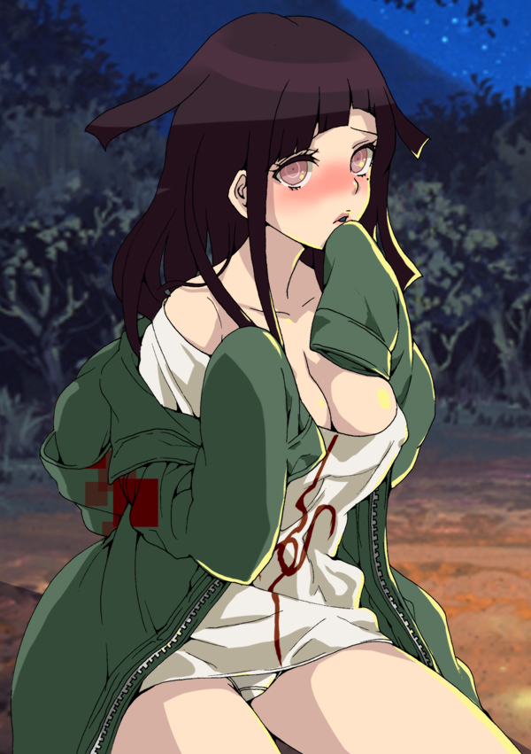 1girl apron bandages bare_shoulders black_hair blush breasts bush cleavage collarbone cosplay covered_erect_nipples danganronpa_(series) danganronpa_2:_goodbye_despair dosugon hands_up komaeda_nagito komaeda_nagito_(cosplay) long_hair long_sleeves looking_at_viewer mole mole_under_eye night open_mouth outdoors panties pink_eyes shirt sitting sleeves_past_fingers sleeves_past_wrists solo tree tsumiki_mikan underwear white_panties white_shirt