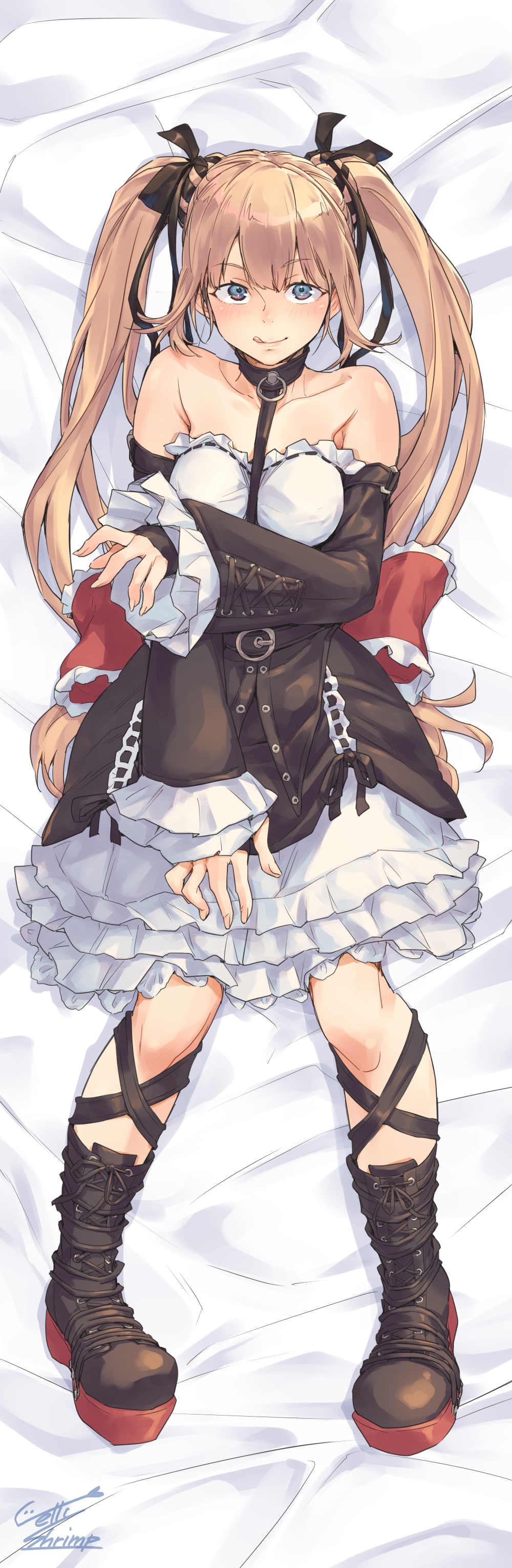 1girl absurdres black_boots black_dress black_ribbon blue_eyes boots breasts dakimakura_(medium) dead_or_alive dead_or_alive_5 detached_sleeves dress frilled_dress frilled_sleeves frills hair_ribbon highres jelly_shrimp layered_dress light_brown_hair long_hair lying marie_rose medium_breasts off_shoulder on_back ribbon solo twintails very_long_hair white_dress