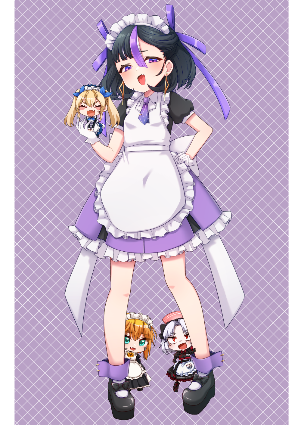 4girls :d apron black_dress black_footwear black_hair black_shirt blonde_hair blue_skirt blush chiji_komari collared_shirt commentary_request drake_(maid_for_villain)_(nikke) drake_(nikke) dress earrings fang frilled_apron frilled_skirt frills gloves goddess_of_victory:_nikke green_eyes grey_hair hand_on_own_hip hand_up highres jewelry juliet_sleeves laplace_(nikke) long_sleeves looking_at_viewer maid maid_apron maid_headdress maxwell_(nikke) mini_person minigirl multicolored_hair multiple_girls open_mouth parted_bangs pleated_skirt puffy_short_sleeves puffy_sleeves purple_background purple_eyes purple_hair purple_skirt shirt shoes short_sleeves skirt smile socks streaked_hair syuen_(nikke) twintails white_apron white_gloves white_socks