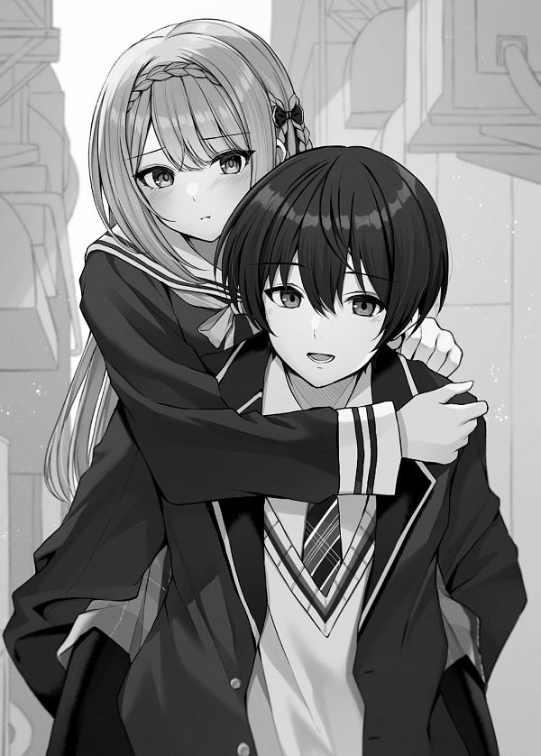 1bitheart 1girl akihara_haruto black_hair blue_eyes cool_na_megamisama_to_issho_ni_sundara_amayakashisugite_ponkotsu_ni_shiteshimatta_ken_ni_tsuite greyscale long_hair mikoto_rei monochrome school_uniform very_long_hair white_hair