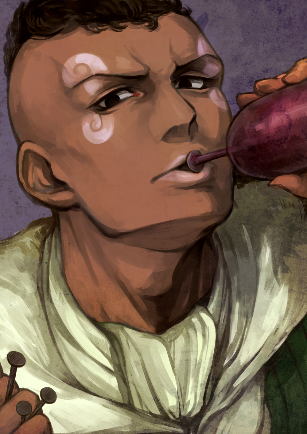 1boy bad_id bad_pixiv_id balloon between_fingers brown_hair cafemoka-septro dark-skinned_male dark_skin facial_mark highres holding jojo_no_kimyou_na_bouken male_focus mike_o mike_o. nail_(hardware) solo stand_(jojo) steel_ball_run tubular_bells_(stand)