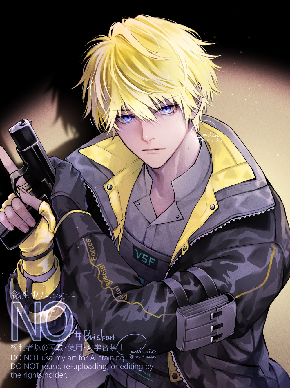 1boy arm_pouch artist_name asymmetrical_gloves black_gloves black_jacket blonde_hair blue_eyes bulletproof_vest closed_mouth collared_shirt commentary_request fingerless_gloves gloves grey_shirt gun hair_between_eyes handgun hands_up highres holding holding_gun holding_weapon jacket light_particles long_sleeves looking_at_viewer male_focus mismatched_gloves mole mole_on_neck nijisanji nijisanji_en open_clothes open_jacket open_shirt pouch shadow shiosawaori shirt short_hair signature single_fingerless_glove solo sonny_brisko sonny_brisko_(1st_costume) spotlight twitter_username v-shaped_eyebrows virtual_youtuber watermark weapon yellow_gloves yellow_shirt