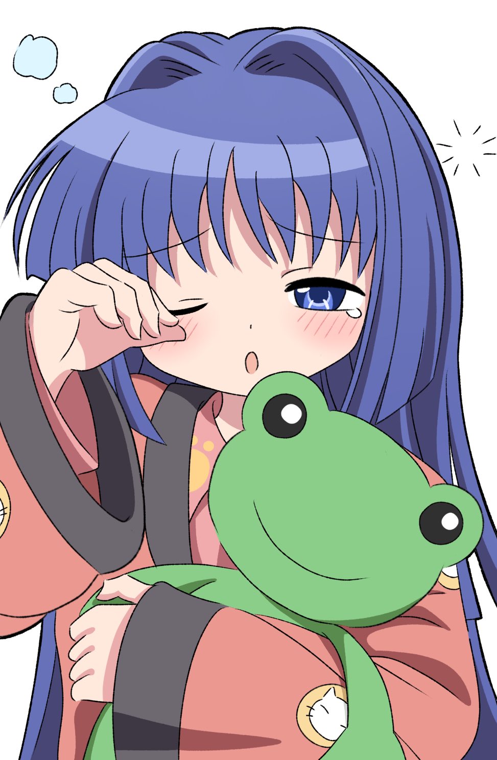 1girl blue_eyes blue_hair happi highres japanese_clothes kanon keropii long_hair minase_nayuki one_eye_closed pajamas pink_pajamas silky_(silky_illust) simple_background sleepy solo squeans stuffed_animal stuffed_frog stuffed_toy tears upper_body white_background