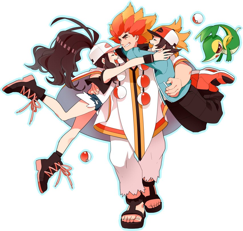 10s 1girl 2boys alder_(pokemon) bare_legs baseball_cap boots brown_hair denim denim_shorts gen_5_pokemon glomp grin gum_(gmng) gumidemo_kandero hat high_ponytail hilbert_(pokemon) hilda_(pokemon) hug jacket long_hair multicolored_hair multiple_boys nintendo orange_hair poke_ball pokemon pokemon_(creature) pokemon_bw poncho ponytail red_hair sandals short_hair shorts smile snivy vest white_background