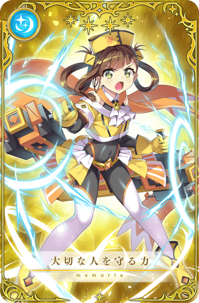 1girl ascot asymmetrical_bangs awane_kokoro beret bikini black_bodysuit black_sleeves blunt_bangs bodysuit bodysuit_under_clothes boots brown_hair cape card_(medium) chest_jewel collar colored_skin cropped_shirt detached_collar detached_sleeves determined diamond_(gemstone) diamond_print dot_nose dual_wielding electricity eyelashes fighting_stance floating_cape floating_clothes frilled_skirt frills full_body game_cg gem gloves green_eyes green_gemstone hair_rings hat holding holding_weapon huge_weapon legs_apart light_particles long_hair long_sleeves lower_teeth_only magia_record:_mahou_shoujo_madoka_magica_gaiden magical_girl mahou_shoujo_madoka_magica miniskirt multicolored_skin navel official_art open_clothes open_mouth open_skirt orange_bikini orange_cape orange_gemstone outline picture_frame ribbed_bikini senri_gan shirt single_sidelock skirt sleeveless sleeveless_bodysuit solo star_(symbol) striped_clothes striped_skirt swimsuit teeth thighhighs translated v-shaped_eyebrows vertical-striped_clothes vertical-striped_skirt weapon weapon_request white_ascot white_collar white_outline white_thighhighs yellow_background yellow_boots yellow_gloves yellow_hat yellow_shirt