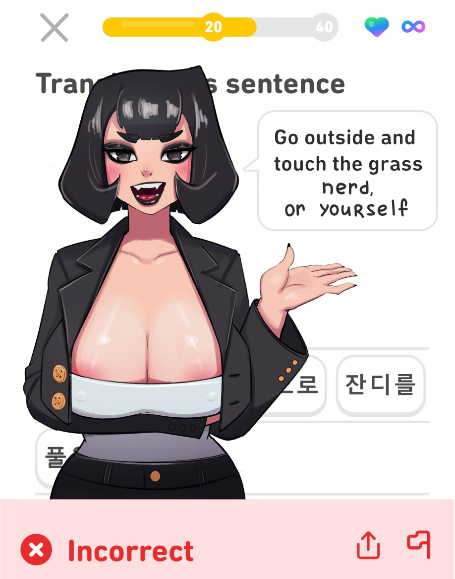 1girl areola_slip arm_under_breasts black_eyes black_hair black_jacket black_lips buttons cropped_jacket duolingo fake_screenshot hand_up jacket korean_text looking_at_viewer low-cut meme open_clothes open_jacket park_(vvarstromig) shirt skirt solo touch_grass_(meme) white_shirt zelles
