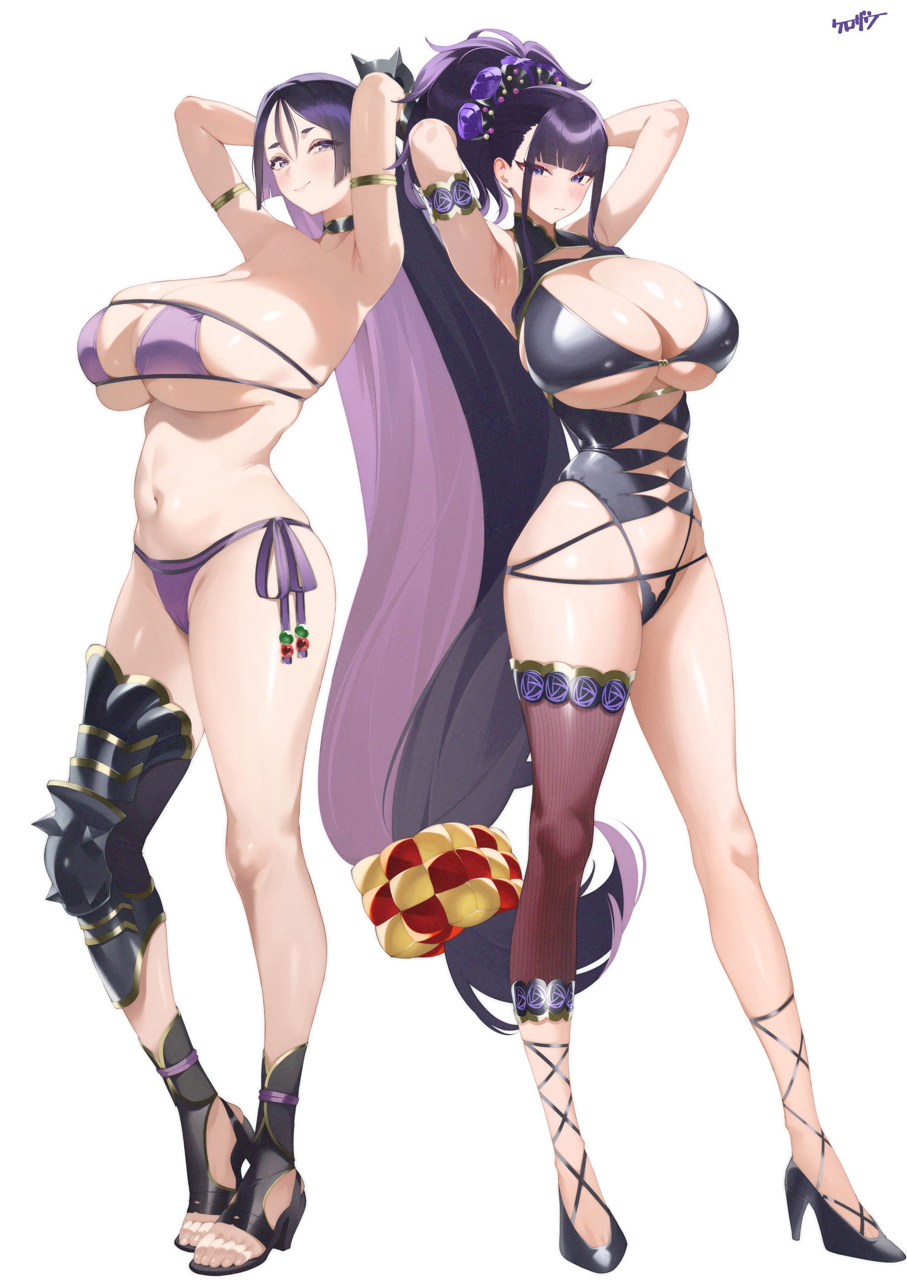 2girls absurdres arm_guards armlet armor armpits arms_up bare_shoulders beads bikini black_one-piece_swimsuit blue_eyes blush breasts choker cleavage closed_mouth collarbone diagonal_bangs eyepatch_bikini fate/grand_order fate_(series) full_body greaves high_heels highres huge_breasts jewelry kurozawa_yui long_hair looking_at_viewer low-tied_long_hair minamoto_no_raikou_(fate) minamoto_no_raikou_(fate/grand_order) minamoto_no_raikou_(swimsuit_lancer)_(fate) minamoto_no_raikou_(swimsuit_lancer)_(third_ascension)_(fate) multiple_girls murasaki_shikibu_(fate) murasaki_shikibu_(swimsuit_rider)_(fate) navel one-piece_swimsuit parted_bangs ponytail presenting_armpit purple_bikini purple_eyes purple_hair simple_background single_greave single_thighhigh smile standing swimsuit thighhighs thighs underboob very_long_hair white_background