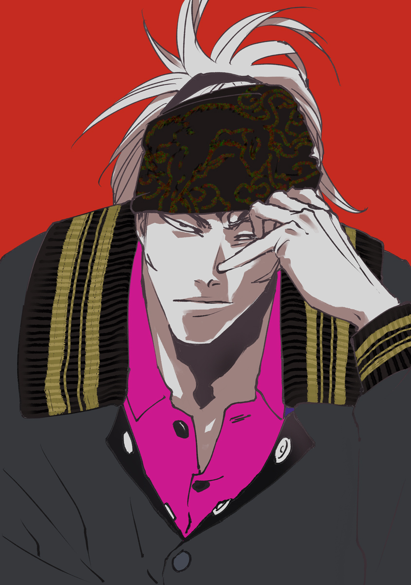 1boy abarai_renji alternate_costume bleach bleach:_sennen_kessen-hen collared_shirt forehead_tattoo hand_on_own_face headband high_ponytail highres jacket kubo_tite long_hair looking_at_viewer partially_unbuttoned ponytail shirt solo tattoo