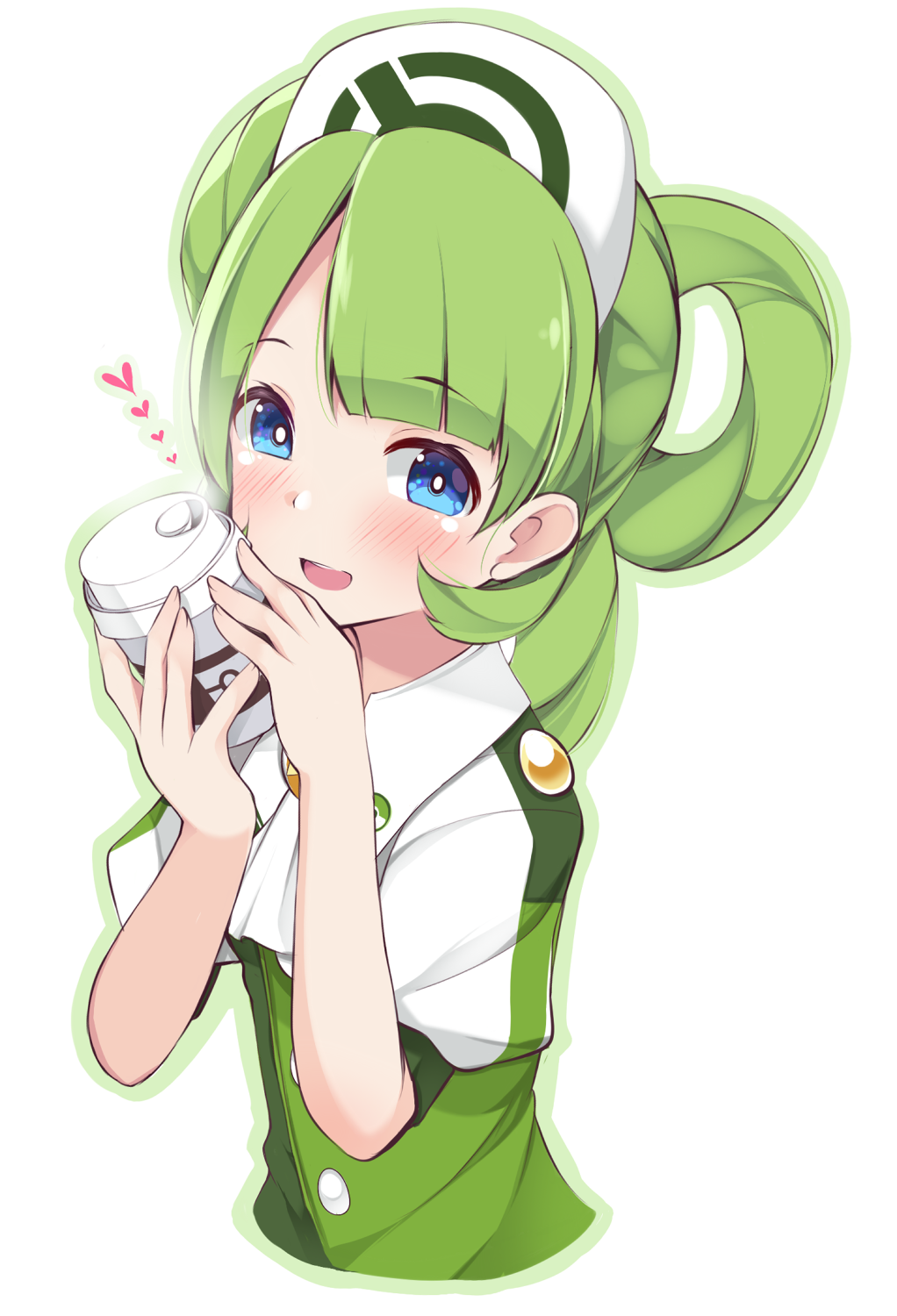 1girl blue_eyes blush commentary cup disposable_cup female_focus futatsukiaiji green_hair hair_rings hat heart highres holding holding_cup long_hair looking_at_viewer nintendo nurse_cap open_mouth pokemon pokemon_masters_ex puffy_short_sleeves puffy_sleeves short_sleeves smile solo trinnia_(pokemon) upper_body