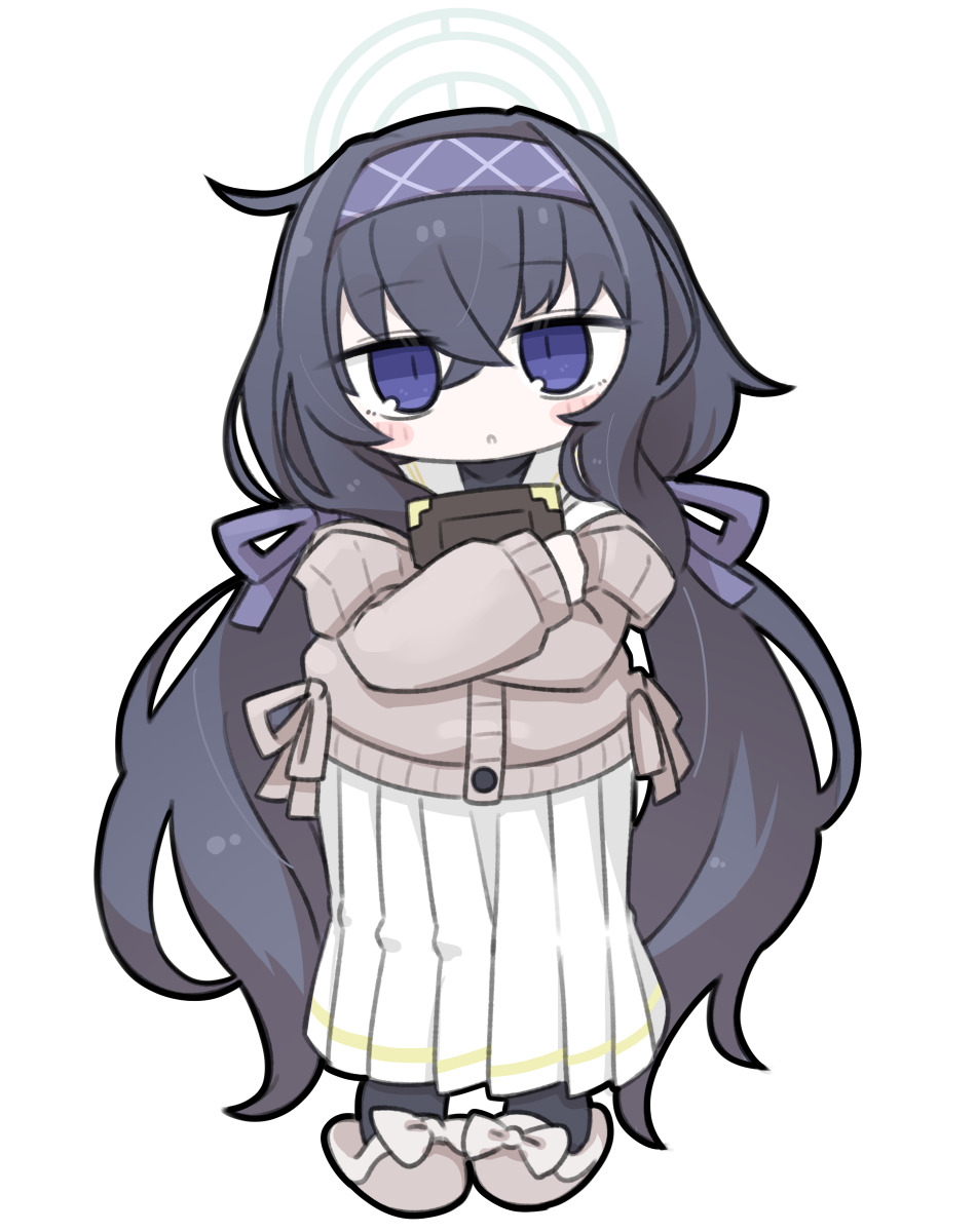 1girl :o black_hair black_pantyhose blue_archive blue_hairband blush_stickers book bow brown_bow brown_cardigan brown_sandals cardigan chibi commentary_request full_body hair_between_eyes hair_ribbon hairband halo highres hugging_object long_hair looking_at_viewer low_twintails miranofuudoria off_shoulder pantyhose parted_lips pleated_skirt purple_eyes purple_ribbon ribbon sailor_collar sandals school_uniform serafuku shirt simple_background skirt solo standing twintails ui_(blue_archive) very_long_hair white_background white_sailor_collar white_serafuku white_shirt white_skirt