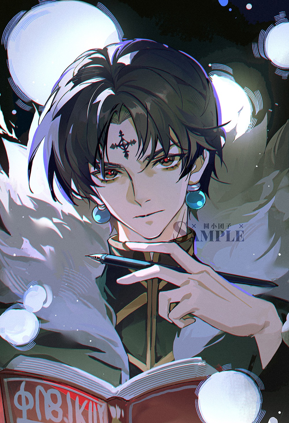 1boy arm_up black_eyes black_hair black_jacket book chinese_commentary chrollo_lucilfer closed_mouth commentary_request curtained_hair earrings eyelashes facial_mark forehead_mark gold_trim high_collar highres holding holding_pen hunter_x_hunter jacket jewelry listencareful looking_at_viewer male_focus open_book pen red_pupils sample_watermark short_hair solo sphere_earrings upper_body watermark white_fur