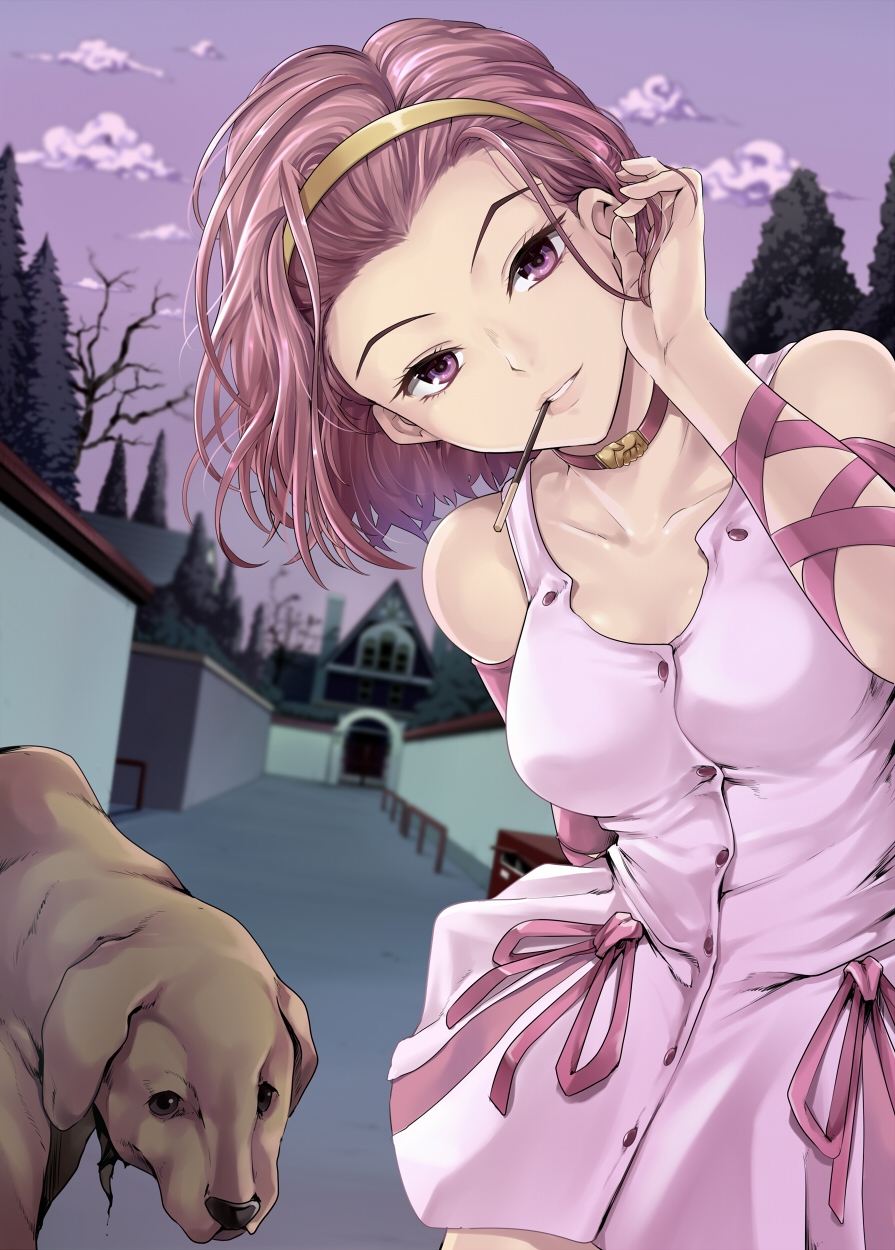 1girl adjusting_hair alley arm_warmers arnold_(jojo) breasts choker collarbone commentary_request diamond_wa_kudakenai dog dress food hairband highres jojo_no_kimyou_na_bouken kasai_shin looking_at_viewer medium_breasts medium_hair mouth_hold outdoors pocky purple_dress purple_eyes purple_hair sky sleeveless sleeveless_dress sugimoto_reimi yellow_hairband