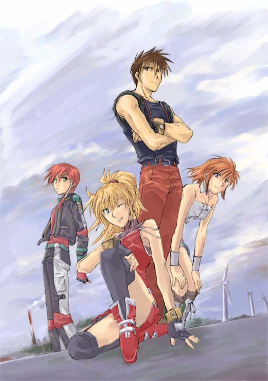 1boy 3girls ankle_boots asou_naruto banpresto bent_over black_legwear blonde_hair boots brown_hair crossed_arms excellen_browning fiona_gureden ibis_douglas kneeling kyousuke_nanbu looking_at_viewer multiple_girls muscular nanbu_kyosuke pants ponytail shorts sky-raft spiked_hair standing super_robot_wars thighhighs
