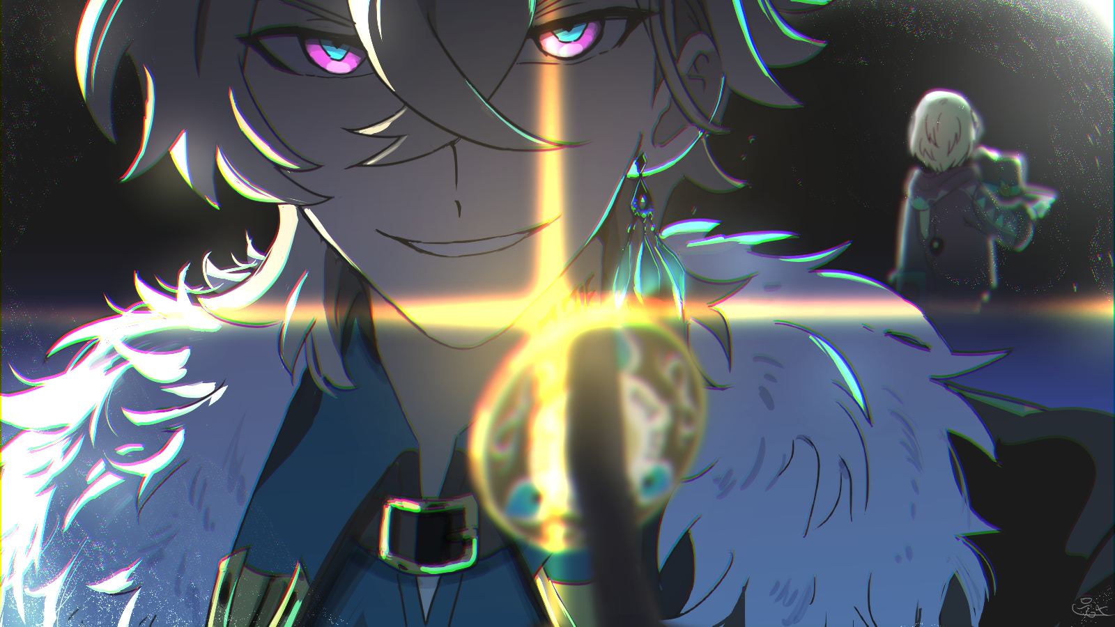 2boys aventurine_(honkai:_star_rail) black_background black_jacket blonde_hair blue_eyes collared_shirt commentary_request cowboy_shot earrings facing_away fur-trimmed_jacket fur_trim green_shirt highres holding honkai:_star_rail honkai_(series) jacket jewelry kakavasha_(honkai:_star_rail) lens_flare looking_at_viewer male_focus multicolored_eyes multiple_boys pink_eyes pirohi_(pirohi214) poker_chip portrait shirt short_hair simple_background single_earring smile two-tone_eyes upper_body