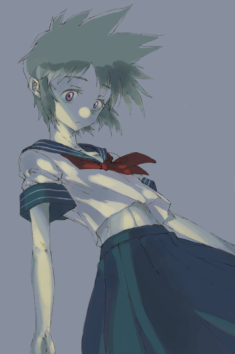 1girl commentary_request grey_background grey_hair highres key_the_metal_idol looking_down mima_tokiko navel purple_eyes school_uniform serafuku short_hair simple_background sketch skirt solo vaison wide-eyed