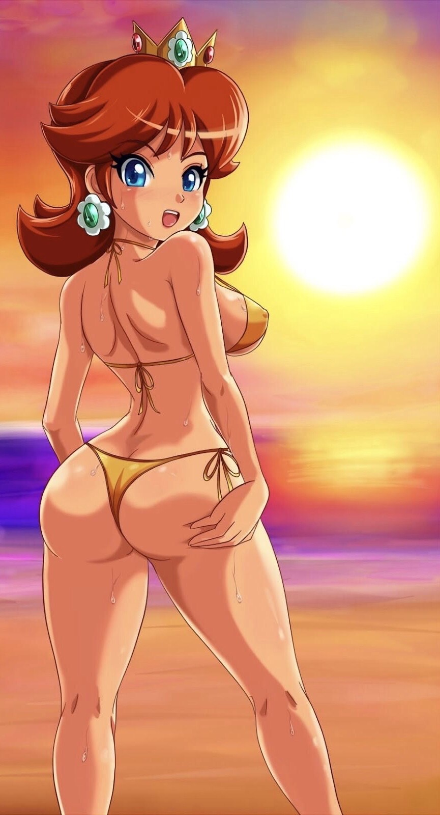 1girl ass bare_back beach bikini blue_eyes breasts brown_hair butt_crack covered_erect_nipples cropped crown earrings female_focus flower_earrings from_behind highres jewelry large_breasts legs looking_back mario_(series) nintendo open_mouth princess_daisy sideboob sigurd_hosenfeld sigurdhosenfeld solo standing sunset super_mario_land sweat swimsuit third-party_source thong_bikini water