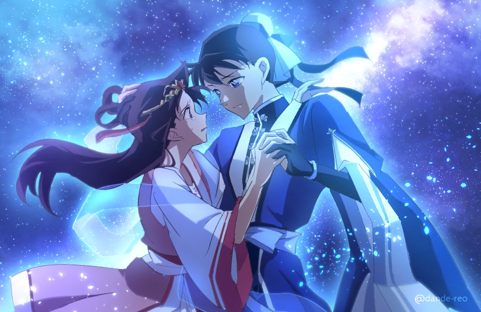 1boy 1girl alternate_costume blue_eyes brown_hair bun_cover chinese_clothes circlet closed_mouth commentary_request cosplay couple crying crying_with_eyes_open dande-reo eye_contact floating_hair from_side hagoromo hair_bun hair_rings hand_on_another&#039;s_head hanfu hetero hikoboshi hikoboshi_(cosplay) holding_hands interlocked_fingers japanese_clothes kimono kudou_shin&#039;ichi long_hair looking_at_another meitantei_conan mouri_ran obi orihime_(cosplay) orihime_(tanabata) parted_lips pink_kimono sash see-through_clothes shawl short_hair single_hair_bun sky smile space star_(sky) starry_sky tanabata tears twitter_username white_sash wide_sleeves