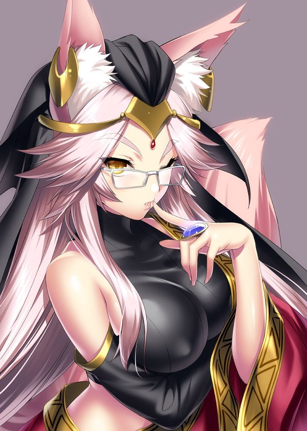 1girl animal_ear_fluff animal_ears bare_shoulders breasts commentary_request earrings fate/grand_order fate_(series) female_focus fox_ears fox_tail glasses grey_background indian_clothes indian_style jewelry koyanskaya_(fate) koyanskaya_(indian_lostbelt_outfit)_(fate) large_breasts lips long_hair looking_at_viewer one_eye_closed parted_lips pink_hair pink_tail ring simple_background sitting solo tail tamamo_(fate) teeth veil very_long_hair yellow_eyes zen