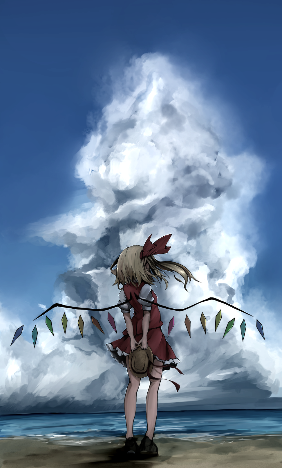 1girl back bad_anatomy blonde_hair blue_sky cloud day dress female_focus flandre_scarlet flanvia hair_ribbon hat hat_ribbon highres lake puffy_short_sleeves puffy_sleeves red_dress ribbon shirt short_sleeves side_ponytail sky solo touhou unworn_hat unworn_headwear water wind wings