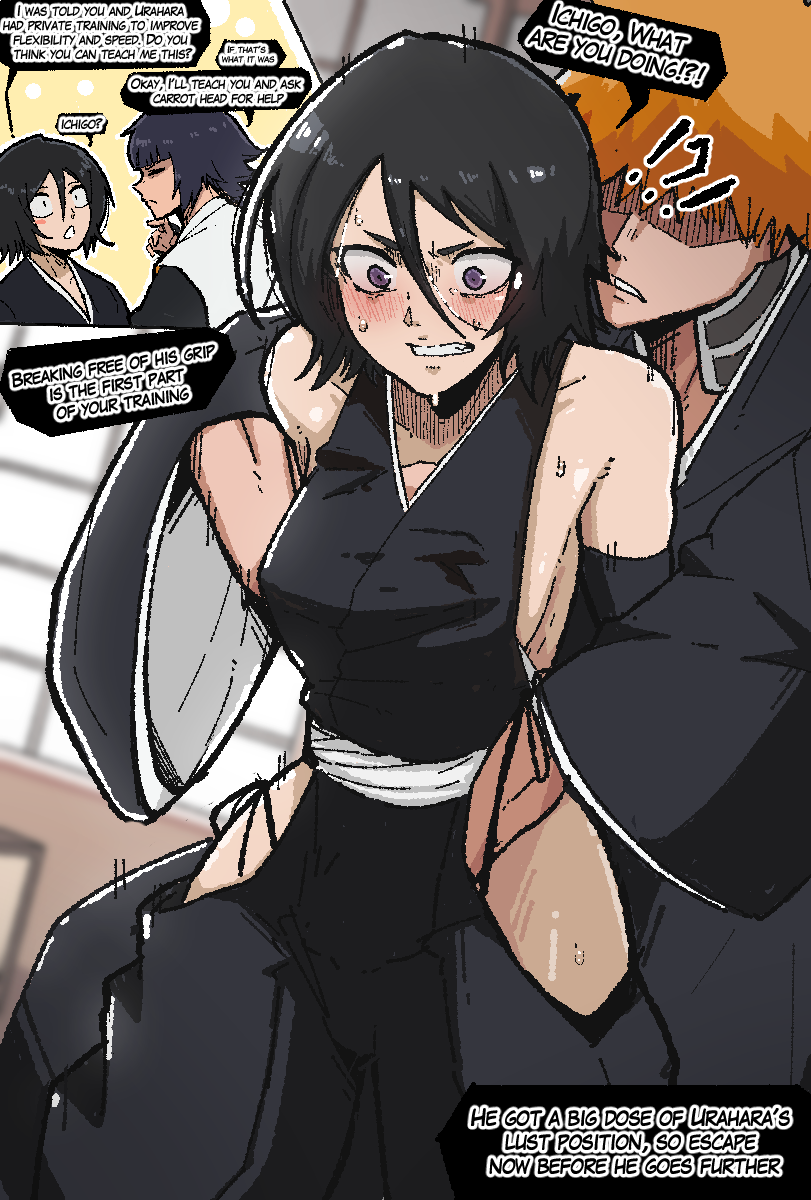 1boy 2girls bare_shoulders black_hair bleach blush breasts english_text grabbing_another&#039;s_breast grabbing_from_behind groping highres kuchiki_rukia kurosaki_ichigo mark_gavatino multiple_girls orange_hair panties shaded_face short_hair side-tie_panties side_slit sideboob speech_bubble sui-feng sweat underwear zenra