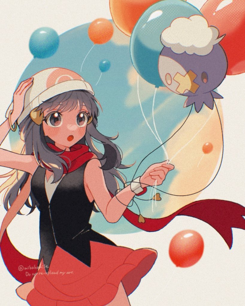 1girl :o balloon bare_arms black_shirt bracelet brown_eyes dawn_(pokemon) drifloon game_freak gen_4_pokemon grey_hair hair_ornament hairclip hand_on_headwear hat holding holding_balloon jewelry long_hair mikakami1e miniskirt nintendo pink_skirt poke_ball_print pokemon pokemon_(creature) pokemon_dppt print_hat red_scarf scarf shirt sidelocks skirt sleeveless sleeveless_shirt standing twitter_username watermark white_hat