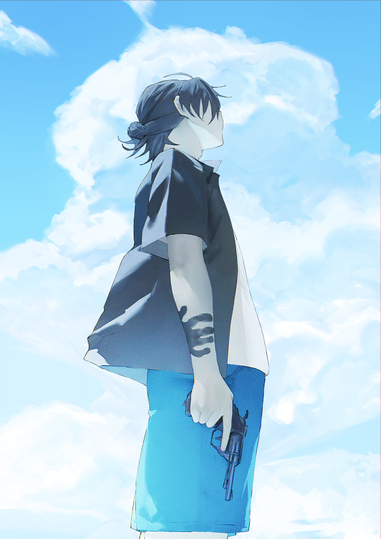 1boy ajiro_shinpei black_hair black_shirt blue_eyes blue_pants blue_sky body_markings cloud day gun hair_bun handgun holding holding_gun holding_weapon looking_up male_focus mi8pq outdoors pants revolver shirt short_hair sky solo summertime_render weapon white_shirt