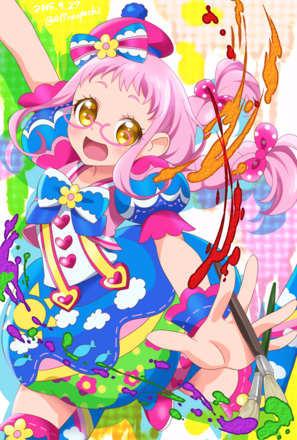 0417nao 1girl arm_up beret bow braid brown_eyes colorful cowboy_shot dated glasses hair_bow hat holding holding_paintbrush idol_clothes kiki_ajimi kishimen_hair long_hair looking_at_viewer open_mouth paintbrush pink-framed_eyewear pink_hair pretty_series pripara smile solo twin_braids twitter_username