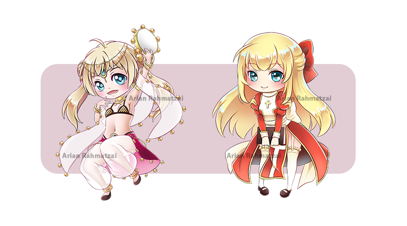 2girls ahoge arianrahmatzai back_bow bikini blonde_hair blue_eyes blush bow breasts chibi closed_mouth coin_(ornament) commentary dancer_(ragnarok_online) dress english_commentary flat_chest frilled_thigh_strap full_body garter_straps hair_bow half_updo harem_pants high_priest_(ragnarok_online) instrument juliet_sleeves long_hair long_sleeves looking_at_viewer multiple_girls navel open_mouth pants puffy_sleeves ragnarok_online red_bow red_dress see-through_clothes see-through_pants shawl small_breasts smile swimsuit tambourine thigh_strap thighhighs transparent_background twintails two-tone_dress white_bow white_dress white_pants white_thighhighs yellow_bikini